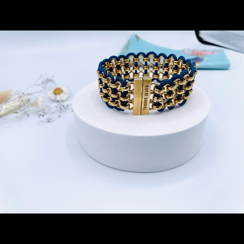 Henri Bendel Vintage Gold Tone Blue  grid Bracelet